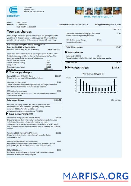 Blank USA Con Edison gas utility bill template in Word and PDF format